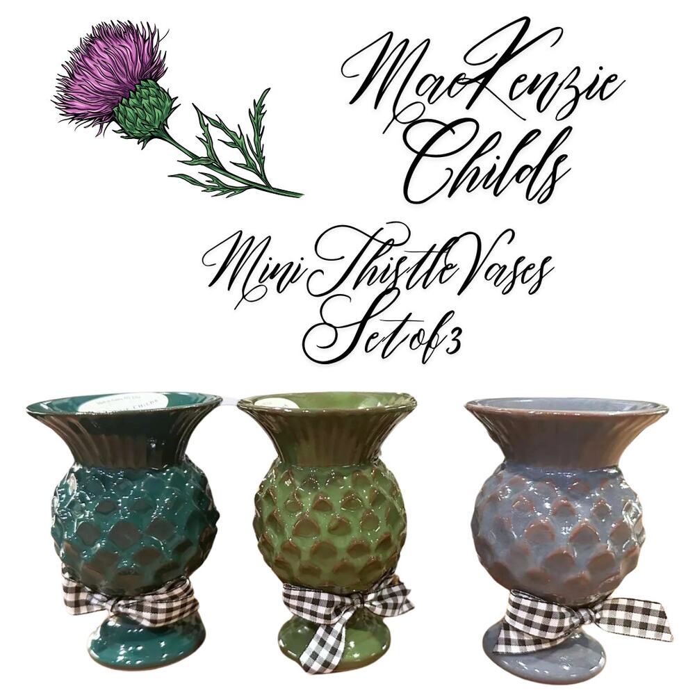 Mackenzie Childs Mini Thistle Vases 4.5" Tall, Set of 3, Black White Check Bows - Picture 2 of 2